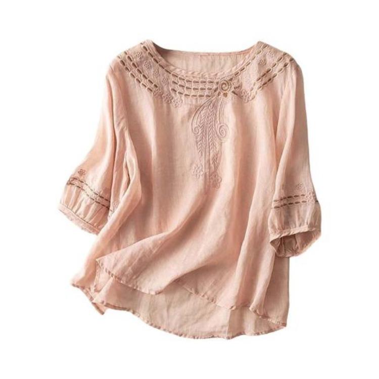 

Retro Embroidered Flower Hollow Out Casual Tops Women Loose Fit Pullover Shirt Solid Color Daily Wear M розовый