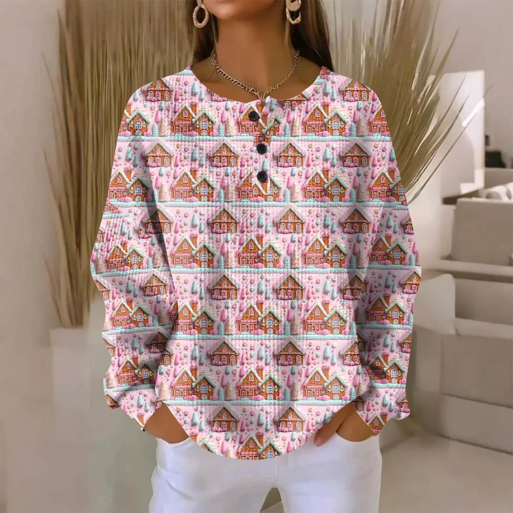 Women's Fashionable Casual Christmas Print V-Neck Long-Sleeved Button-Down Blouse