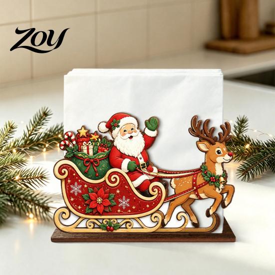Decorative Wooden Napkin Stand Christmas Tissue Holder, Dispenser with Santa Gingerbread House Elk Rack Pattern, Organizer for Dining Table