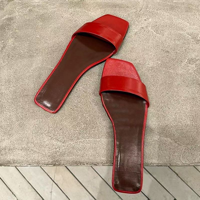 Sheepskin version versatile fashion simple one-word slippers wear flat bottom square head high-end open-toed sandals