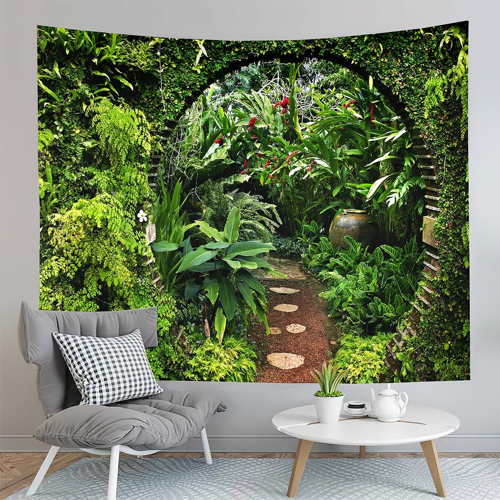 Jungle Tapestry Primeval Rainforest Foliage Greenery Wooden Pathway Tapestry Art Home Living Room Bedroom Decor Tapestries