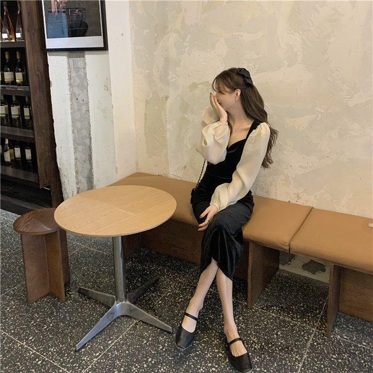 Women's 2023 Spring/Autumn Black French Retro Velvet Dress