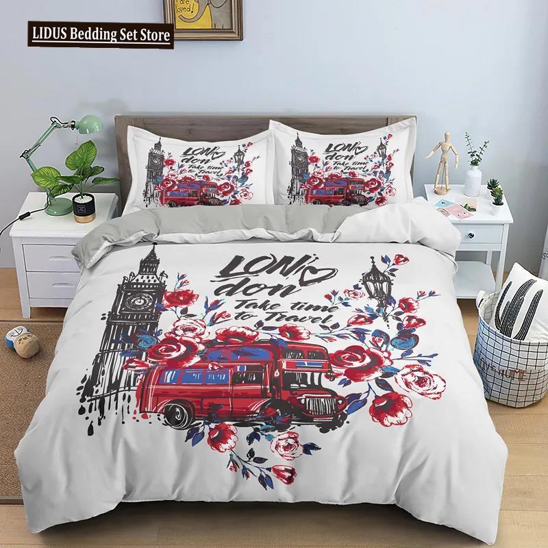 UK London Style King Queen Duvet Cover British Elements Bedding Set For Teens Adults London Bridge Big Ben Polyester Quilt Cover