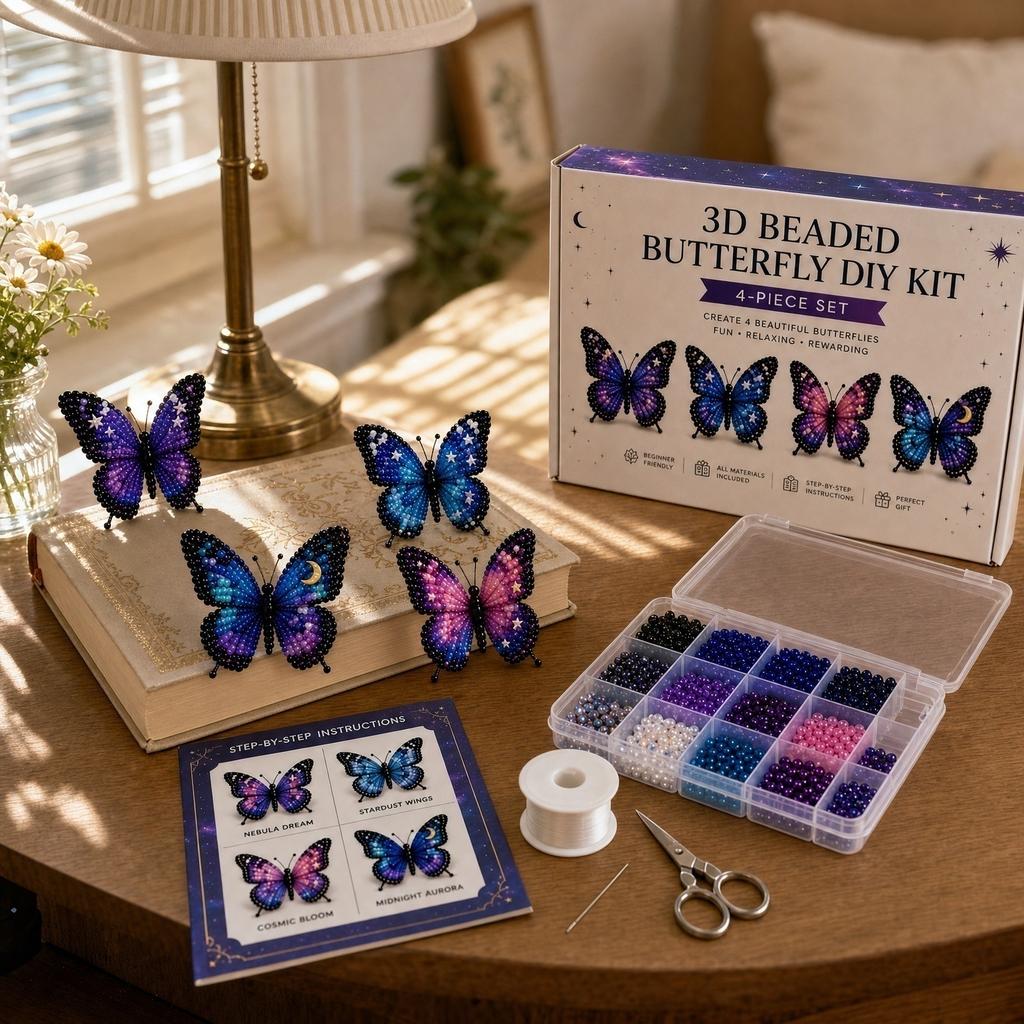 DIY Butterfly Bead Craft Kit for Creative Decorative Projects Including Assorted Beads String Scissors and Pattern Templates for Handmade Art