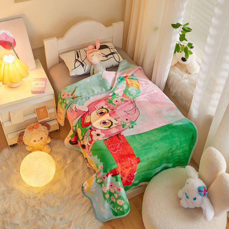 Cartoon Style Flannel Fleece Children's Blanket - Single Layer, All-Season, Small Nap Blanket with Edging