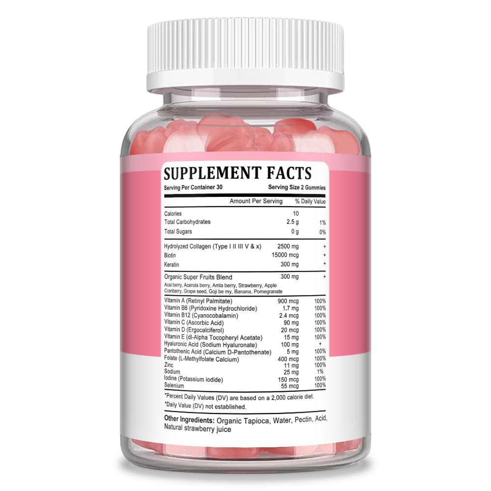 Hydrolysiertes Kollagen (Typ I II II V X), Biotin, Keratin, 60 Gummibärchen pro Flasche