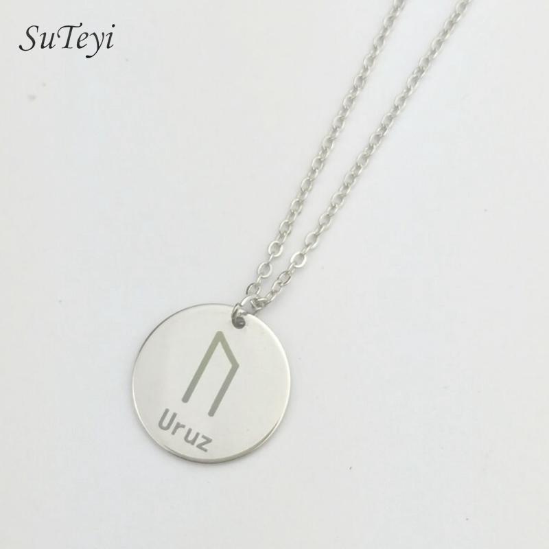 Round 25 Rune Letter Pendant Necklace Silver Color Stainless Steel Disc Viking Necklaces For Women Men