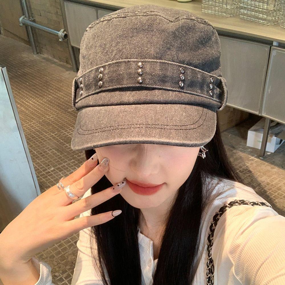 Rivet Flat Top Hat Y2k Cadet Cap Fashion Peaked Cap  Outdoor