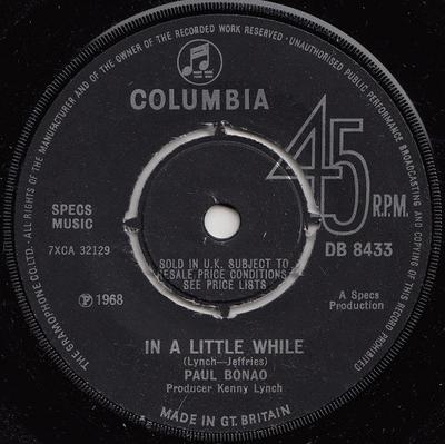 Disque 7 pouces PAUL BONAO - In A Little While DB8433 Columbia 1968 UK Pop Occasion