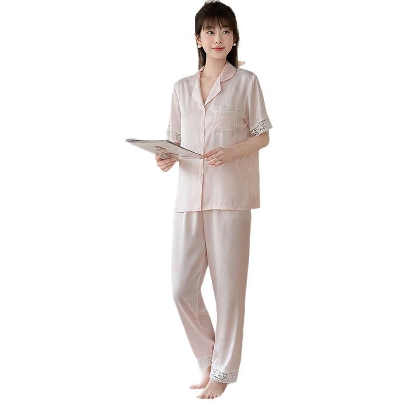Summer Women's Ice Silk Pajamas, Short-sleeved Trousers Set, Lace Splicing Simulation Silk, Comfortable and Fashionable Loungewear