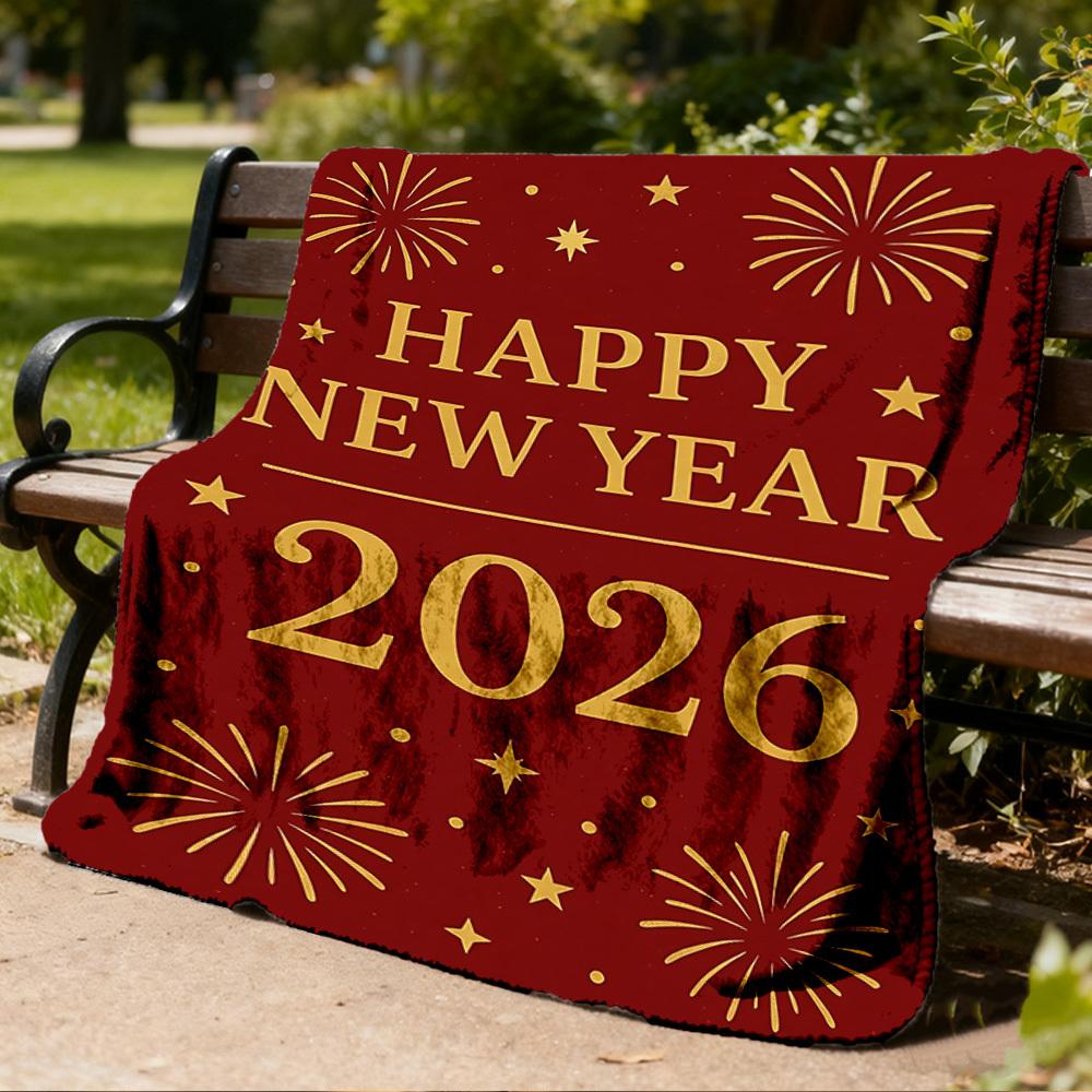 1pc New Year 2026 Outdoor Flannel Blanket Soft All Season Polyester Throw , Perfect for Picnics & Travel , Picnic Accessory
