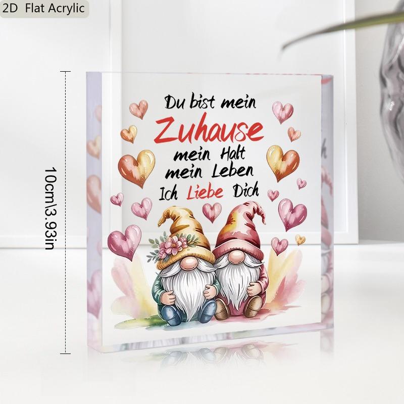 2D Flat, "Du Bist Mein" Heart-Shaped Gnome Acrylic Desktop Decoration Plaque, Suitable for wall Decoration, porch, Room, Villa, accents Home, Hallway,