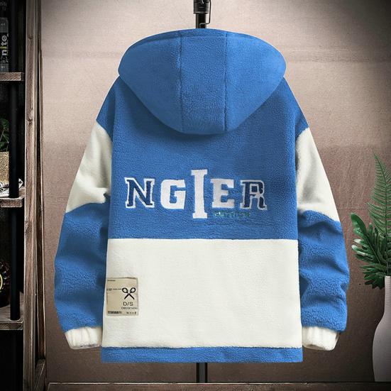 Fall Winter Men Jacket Colorblock Hooded Zipper Closure Cardigan Thick Plush Letter Decor Warm Long Sleeve Pockets Cold Resistant Men Coat