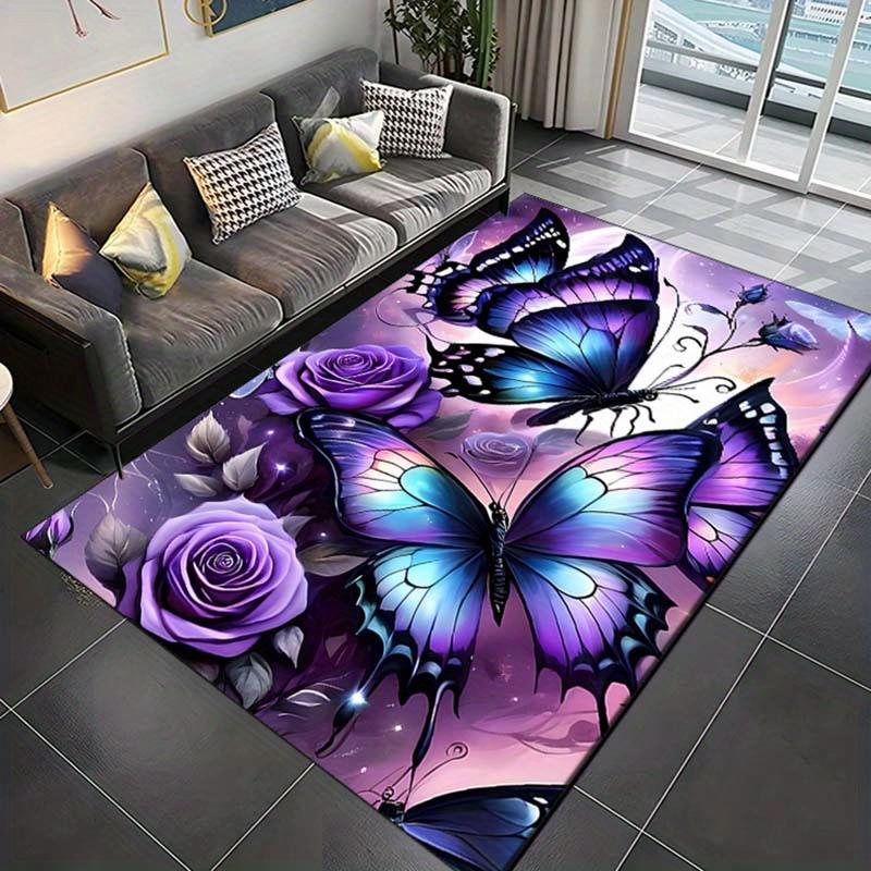 Crystal Velvet Purple Butterfly Printed Area Rug for Bedroom And Living Room Home Decoration, Non-Slip Mat for Bedside.