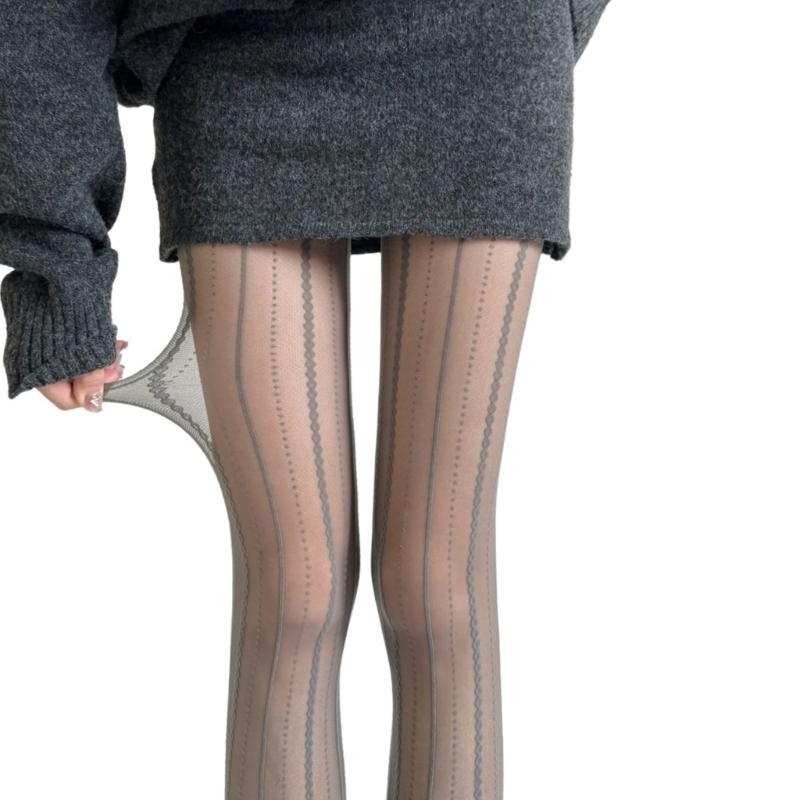 Women 90s Aesthetic See Through Fishnet Mesh Pantyhose Vertical Striped Lace Tights Bottoming Leggings Stockings Hosiery