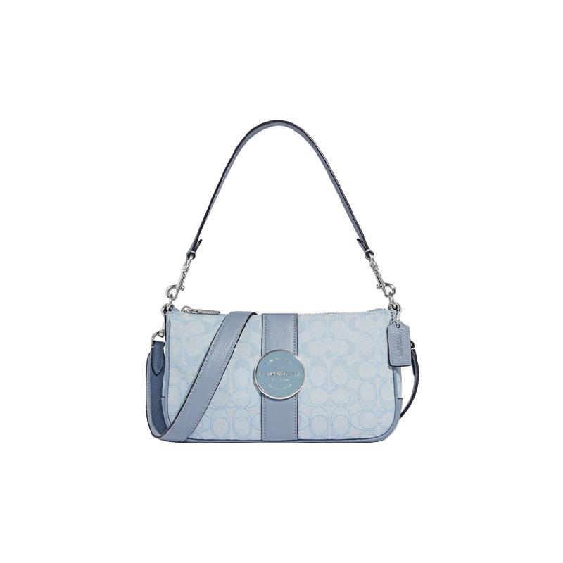 Coach Lonnie 25 Classic Old Flower All Over Signature Logo Print Fabric and Cow Leather Armpit Bag Hand Crossbody Shoulder Bag Women's Blue