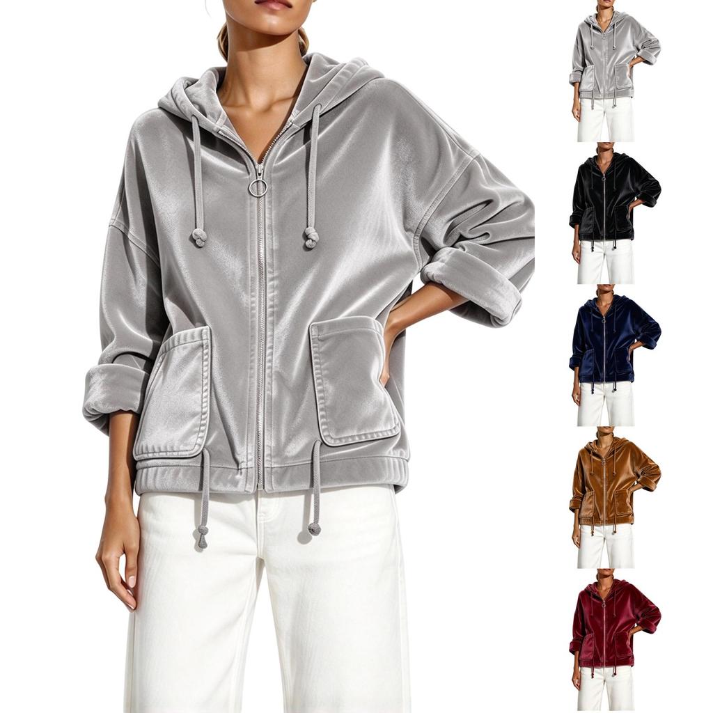 Giacca da donna con cappuccio, zip frontale e tasche, a maniche lunghe, per abbigliamento casual