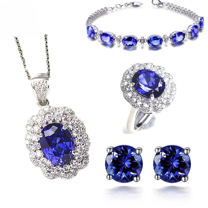 2026 Ncrusted Colored Treasure Bracelet, Petal Ring, European and American Blue Crystal Pendant, Four-claw Blue Treasure Stud Earrings, Jewelry Set. Resizable