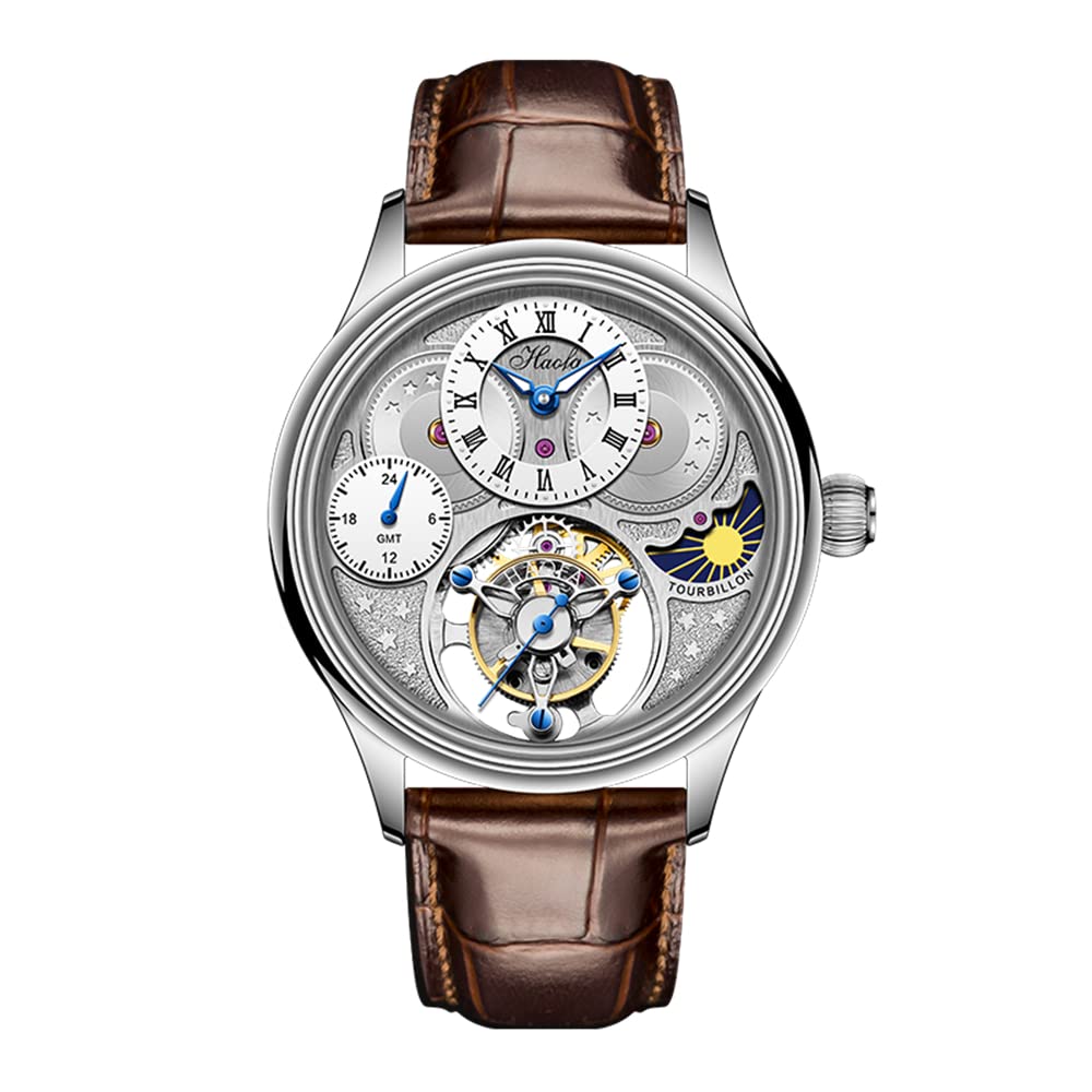 

Годинник HAOFA з турбійоном, механічним ручним заводом GMT, фаза місяця, порожній циферблат, розкішний стильний сапфірове скло, популярний водонепроникний подарунок. Чоловічі Чоловічі Чоловічі Чоловічі білий