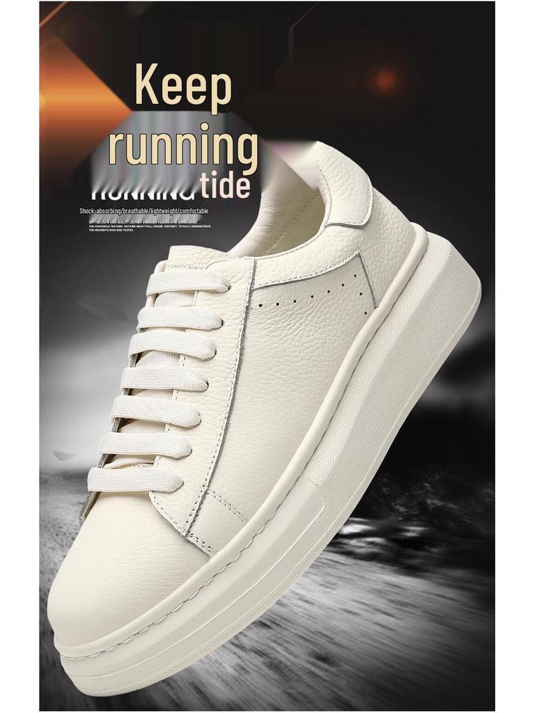 Lei Jun's White Cowhide Height-Increasing Casual Sneakers - Men's Versatile and Stylish Business Shoes