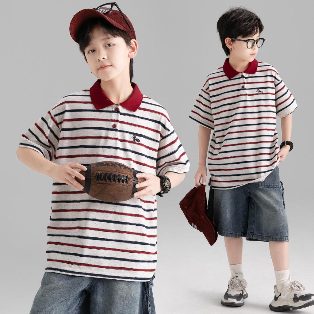 Boys' Striped Short-Sleeve Polo Shirt - Casual, Trendy Korean Style for Middle and Older Children