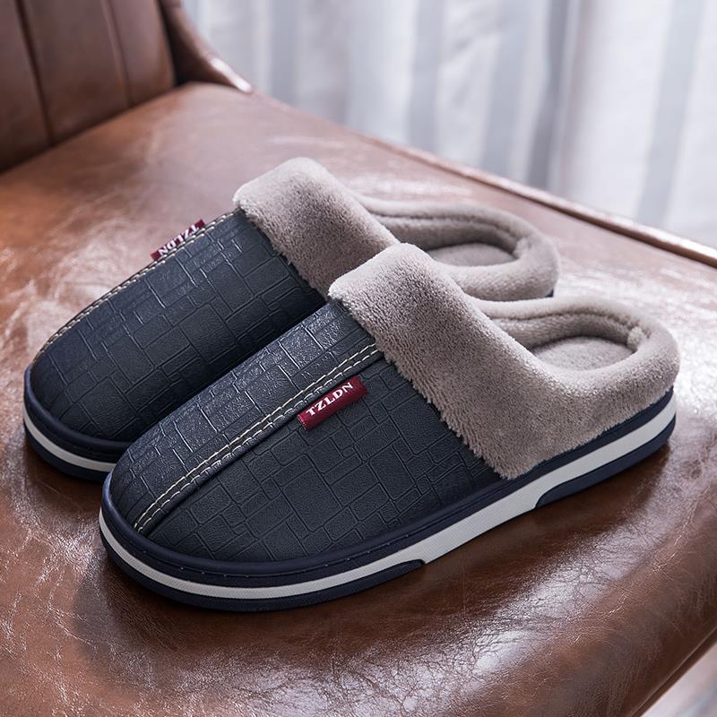 Velká velikost 50 51 Pánské pantofle z PU kůže Páry Vnitřní Vodotěsné Chlupaté Ploché Zimní Teplé Plyšové Boty Dámské Protiskluzové Domácí snímky