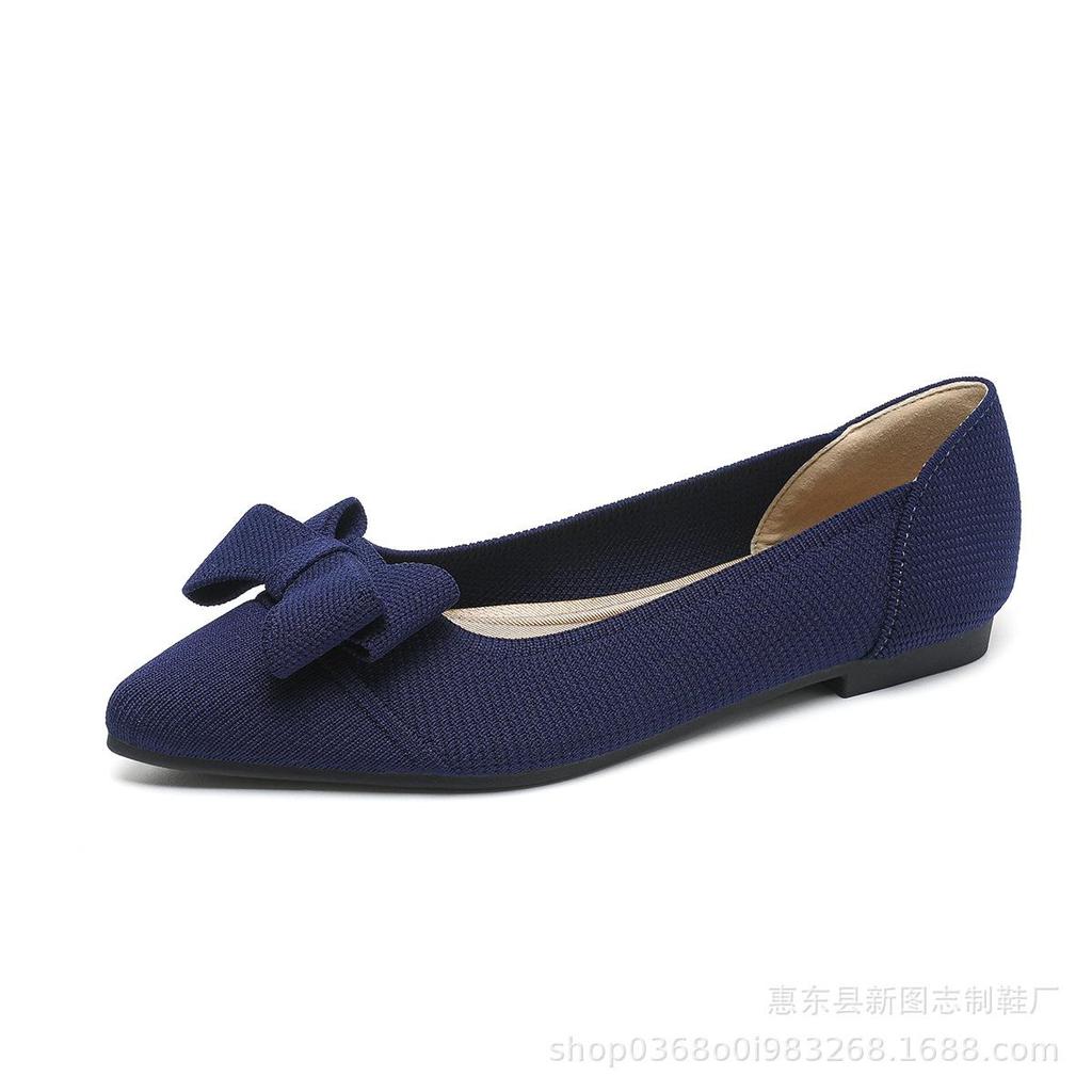 Punta Appuntita Bocca Bassa Tessuto Fondo Piatto Donna Fiocco Lavorato a Maglia Fondo Morbido Scarpe Grandi Taglia 34-43