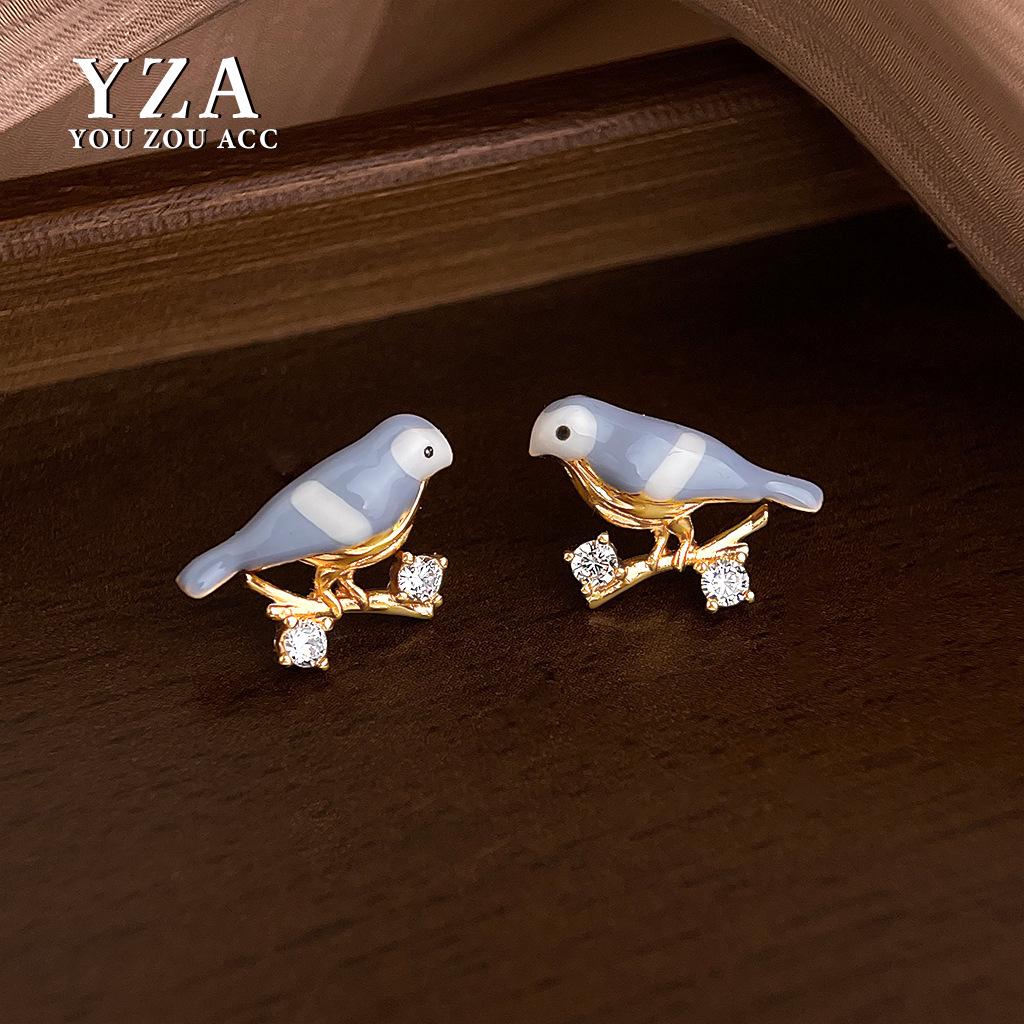 French Drip Oil Color Little Bird Zircon Earrings: Luxurious, Versatile, Retro Jewelry for Women