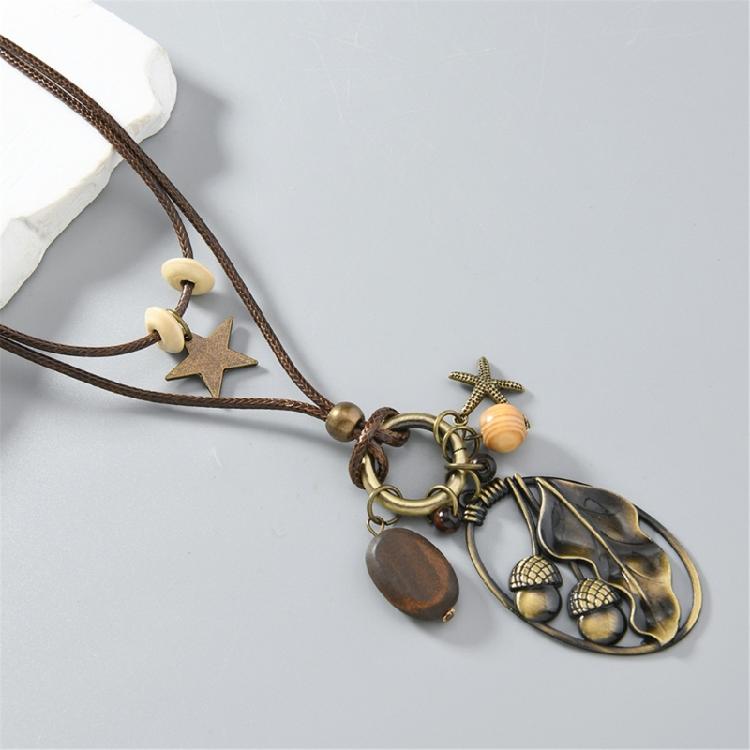 Adjustable Tribal Necklace With Alloy Pendant Waxed Cord Chain And Wood Beads Artistics Jewelry Accessory