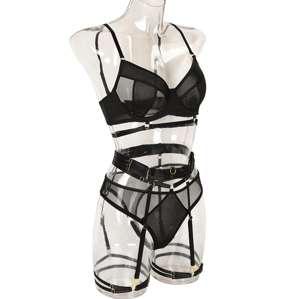 TOOXIKA Women's Lace Sexy Lingerie Sexy Perspective Mesh Temptation With Leg Ring Four-piece Set