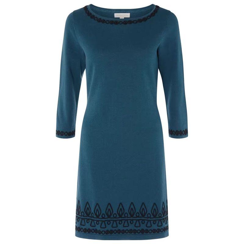 

British Original Order Leftover Stock Monsoon Knitting Cotton Spring & Fall Women s Plaid 3/4 Sleeve Silm Stretch Dress Blue M