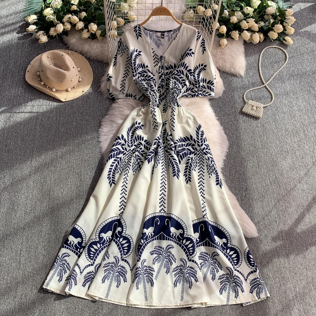 Summer Women Printed Dress V-neck Lace-up Short Sleeved Pleated A-line American Casual Fashion Elegant Female Dresses