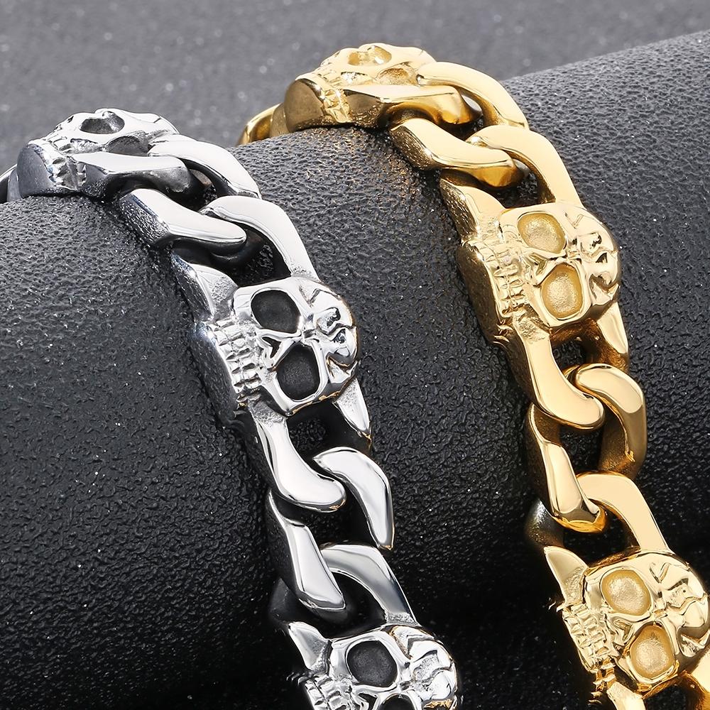 Punk Gothic Herrenarmbänder mit Totenkopf-Panzerkette, kubanische Kette, Herrenarmband für Männer, Edelstahl, Skelett-Schmuckzubehör