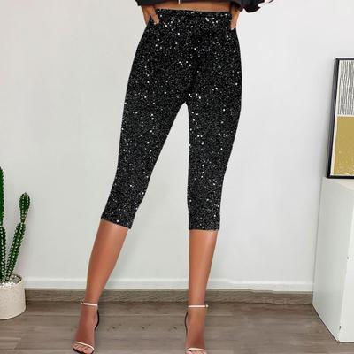 Dames Cropped Broek Elastische Hoge Taille Skinny Fit Glanzende Pailletten Broek Vakantie Reizen