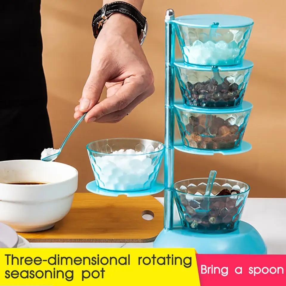 4 Layer Kitchen Vanilla Spice Tools Crystal Vertical Rotatable Seasoning Box Kitchen Creative Spice Jar Household Rotatable