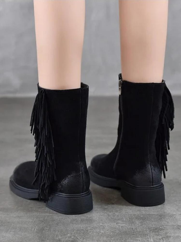 Johnature Retro Tassel Mid Heeled Women's Boots Genuine Leather Round Toe Versatile Mid-calf Boots