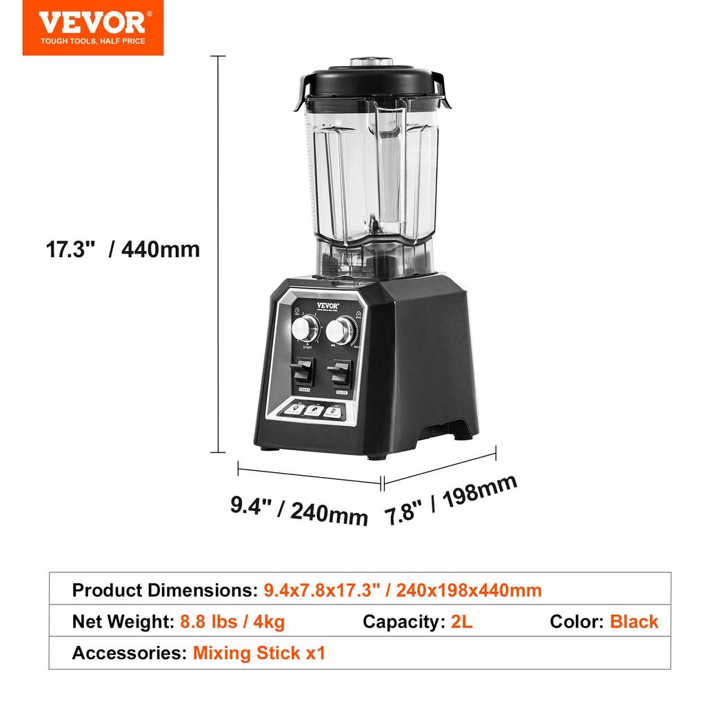 VEVOR Professional Blender, Commercial Countertop Blenders, 68 Oz Plastic Jar Blender Combo, Stainless Steel 3 Functions Blender, for Frozen Drinks