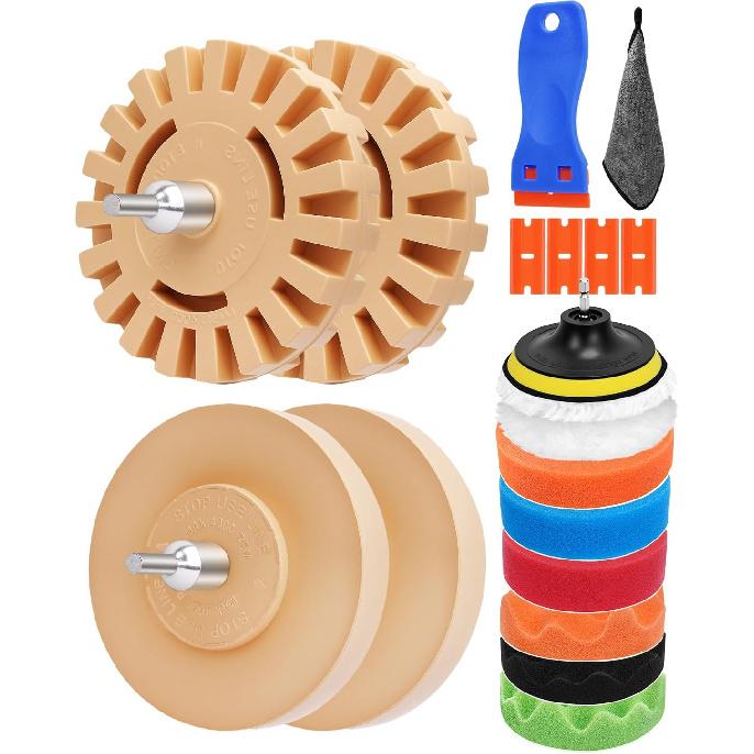 Eraser Wheel for Drill, Sticker Remover Tool for Automotive Car Sticker, Vinyl, Rv, with Plastic Scraper, Scraper Tool, Serrated&Solid Eraser Wheel -