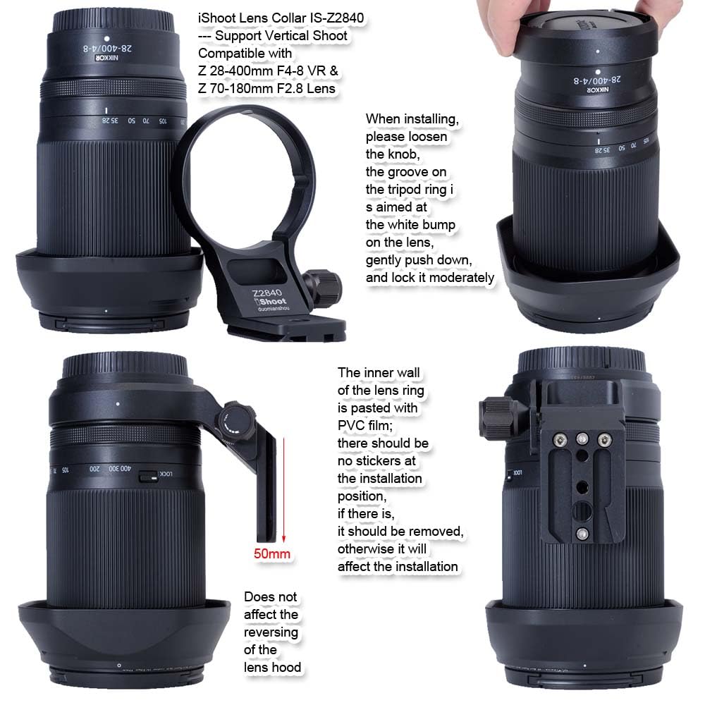 Inel obiectiv cameră compatibil cu obiective Nikon precum Z VR și Z Include suport obiectiv, suport obiectiv, montură trepied și eliberare rapidă