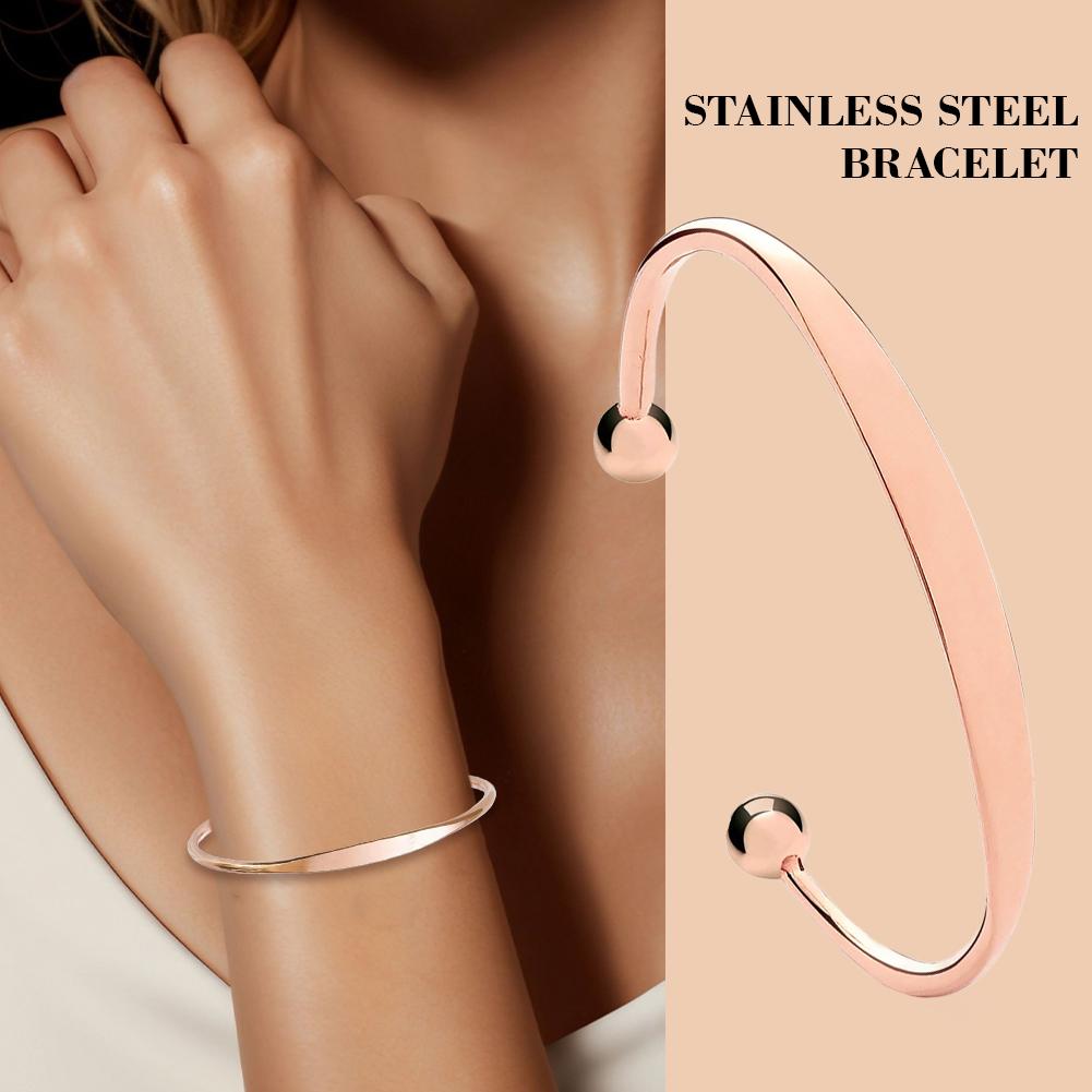 Fashionable Rose Gold C- Shaped Open Bracelet Simple Stylish Stainless Steel Open Bangle Bracelet Adjustable Wristband Xmas Gift