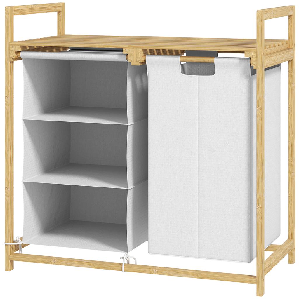 Laundry Basket with Laundry Bag, Fabric Drawer, Bamboo, 70x36x70 cm, White/Wood