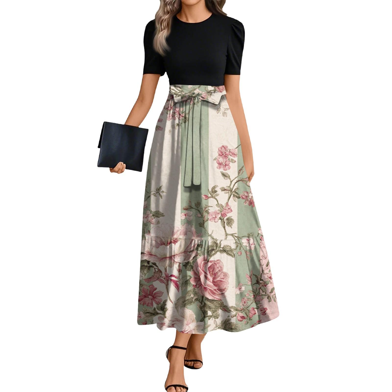 

Женское модное повседневное платье с коротким рукавом и круглым вырезом с цветочным принтом, элегантное платье с темпераментом M