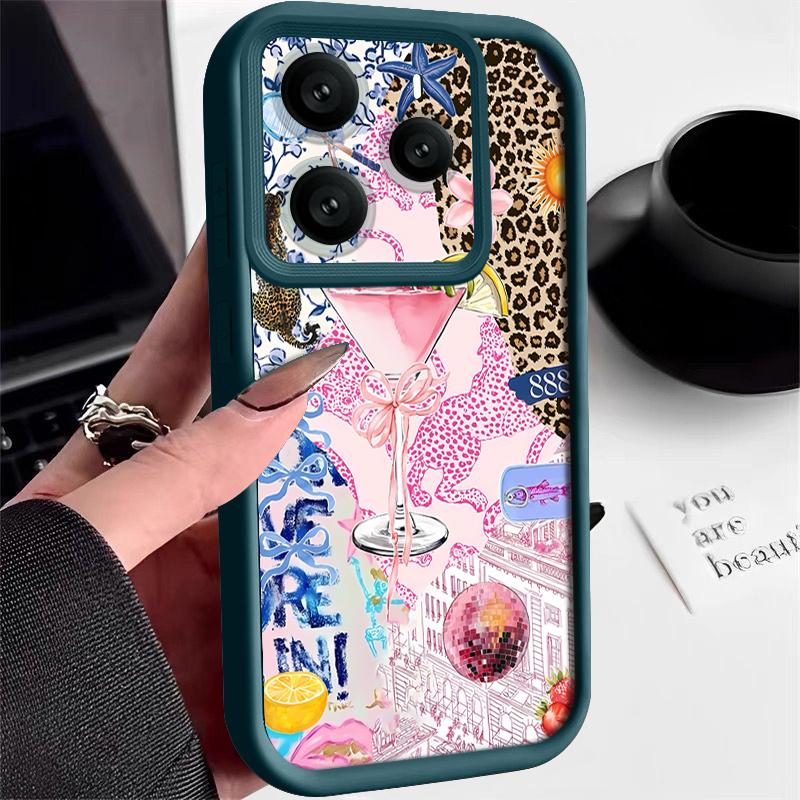 Pink Goblet Bowknots Disco Ball Pattern Case For Xiaomi Redmi Note 14 13 Pro 5G 4G 12 11 Funda Xiaomi 14T 13T 11T Pro Shockproof Bumper Silicone Cover