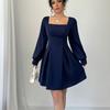Fashion Loose A-line Mini Dress for Women Autumn Winter Soft Square Neck Bodycon Dress Long Sleeve Office Lady Navy Blue Dresses