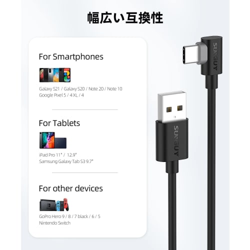 SUNGUY USB Type C Cable L-shaped 3M [Set of 2] Max 18W Fast Charging USB C Cable Type C Cable USB2.0 Data Transfer Compatible with USB-C models such a