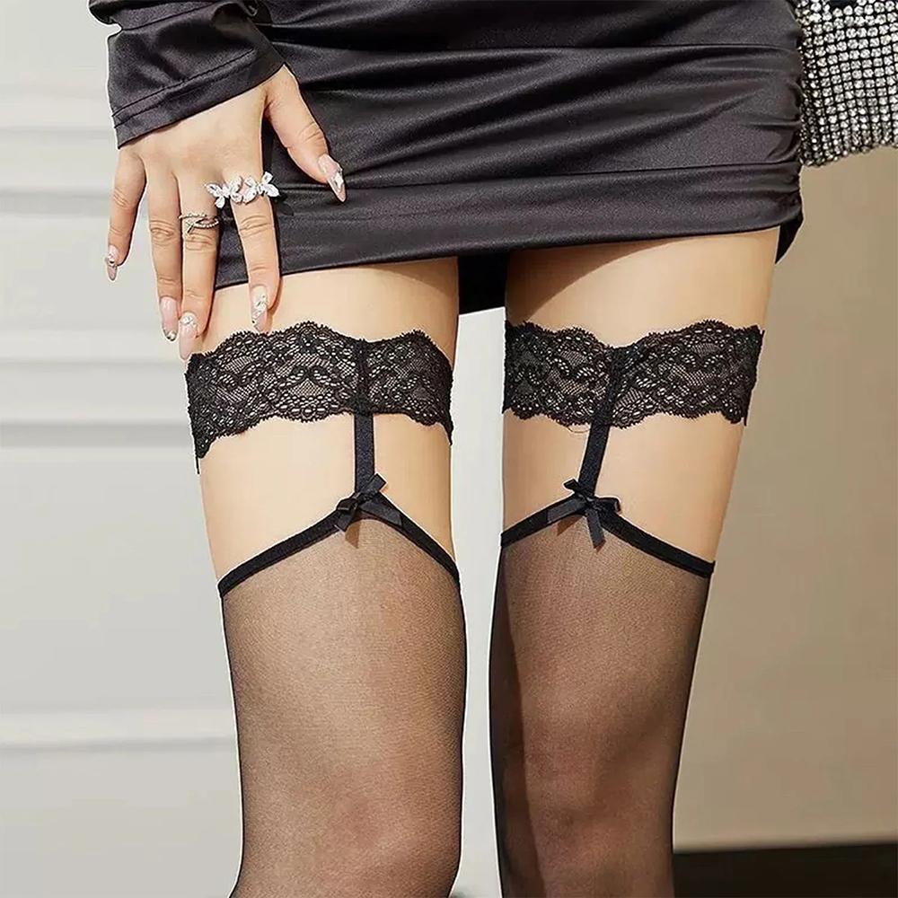 White Suspender Stockings Girls Lace Trim Knee Tight Stocks Suspender Black Bowknot Thigh High Stockings Lace Mesh Fishnet Sock