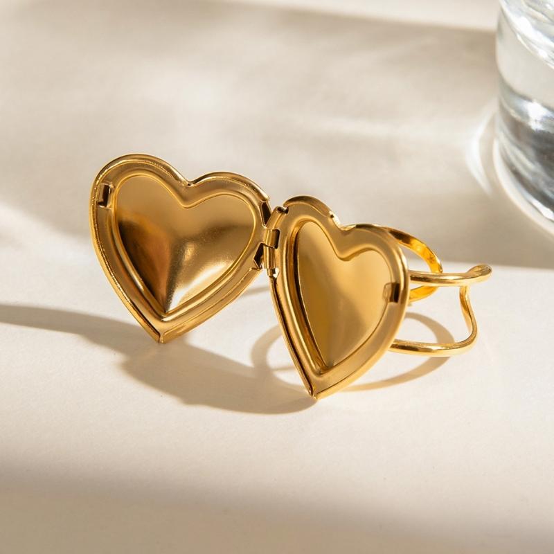 Heart Photo Locket Rings Fashionable Women Rings Adjustable Open Rings Stainless Steel Finger Jewelry for Any Occasion