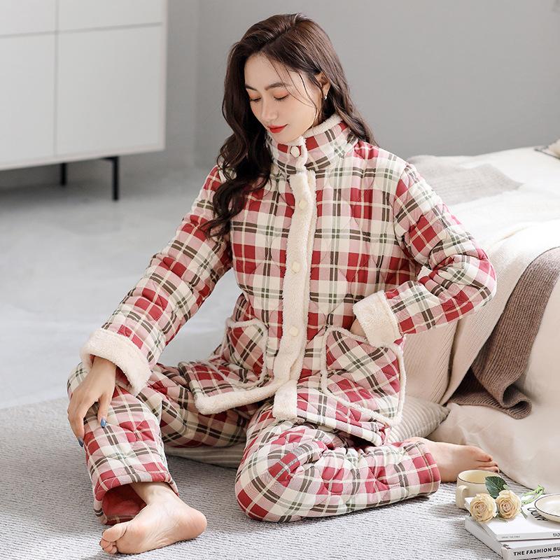 Antistatic Pajamas Women'S Winter And Winter Coral Fleece Clip Padded Jacket Three-Layer Thickened Fleece Flannel Loungewear Set