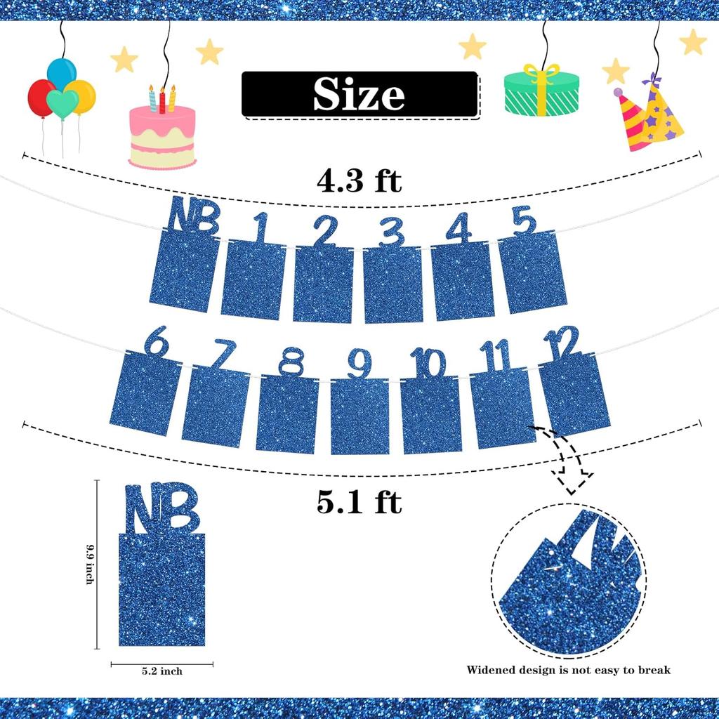 1st Birthday Photo Banner Boys Newborn to 12 Months Birthday Paper Photo Frame Monthly Milestone Bunting Decorations Baby 1st Bday Picture Banner
