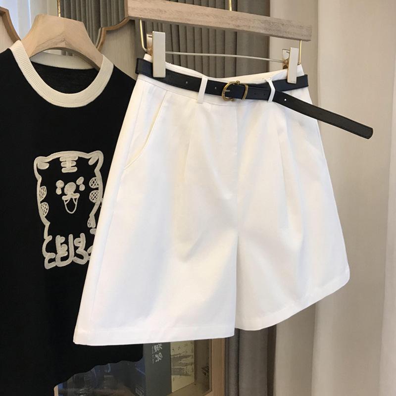 Women High Waist Wide Leg Casual Shorts All-match Three-length Straight Pants With Free Belt Elegant Commuter Summer Bottoms
